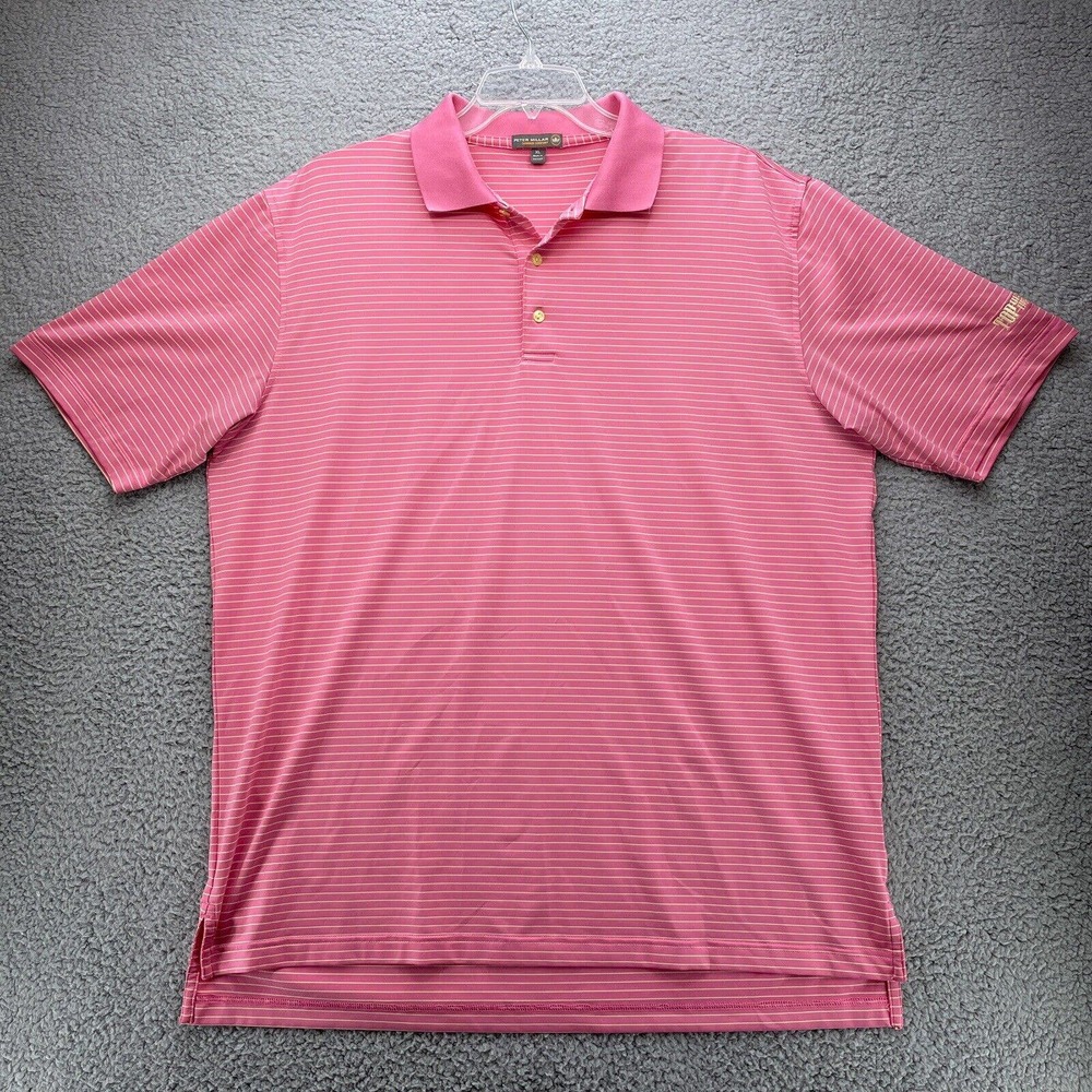 Peter Millar Shirt Mens XL Pink Tan Stripes Summer Comfort Polo Performance Golf